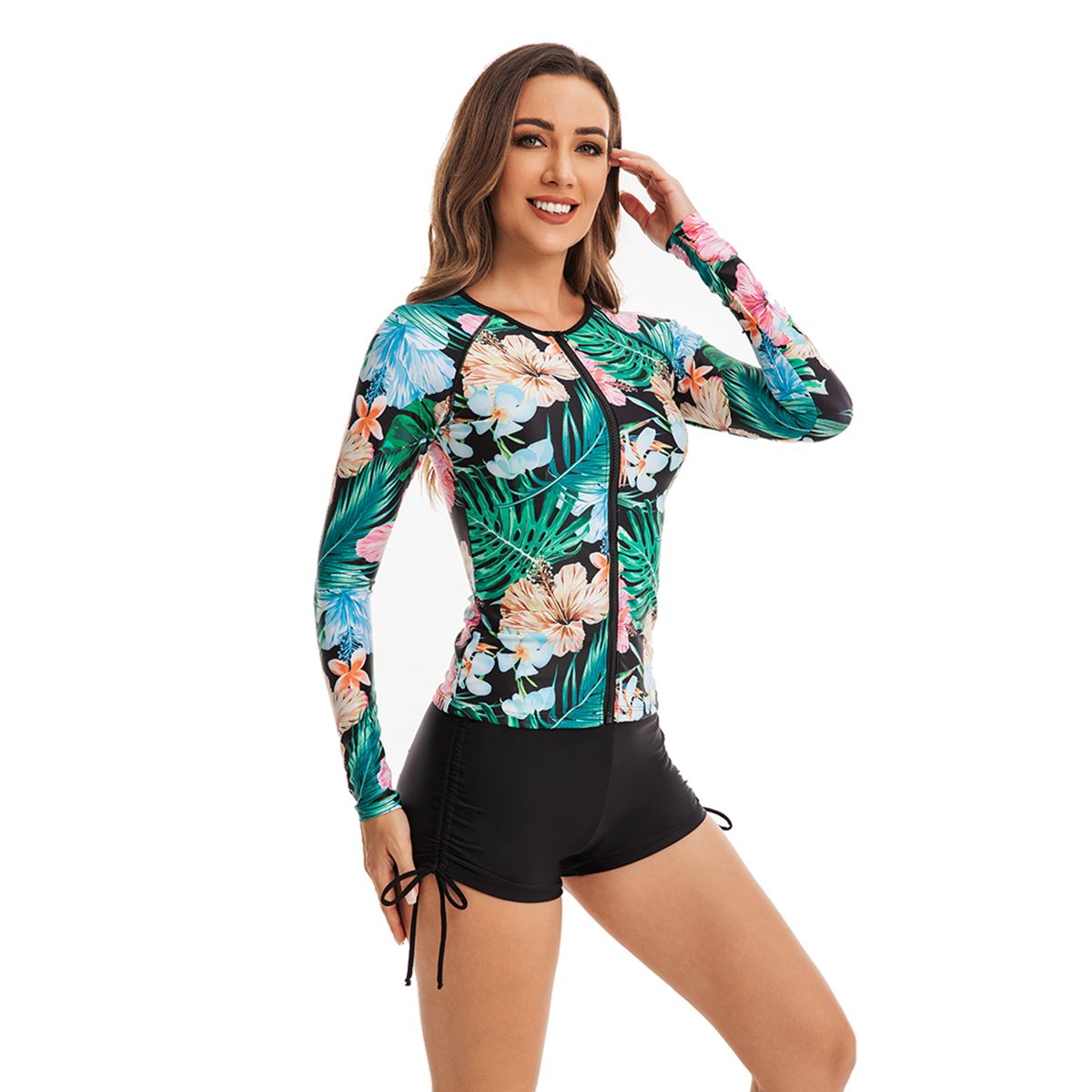 Iconix Women's Long Sleeve Floral Selection Two Piece Boxer Swimsuit ...