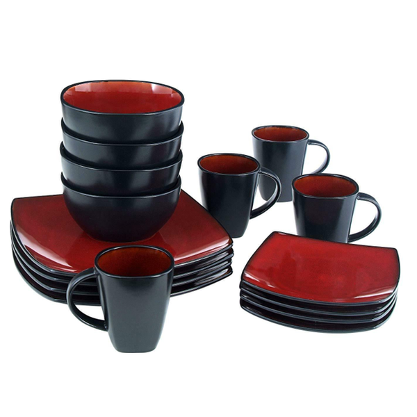 16 Pieces Square Ceramic Dinner Set - Red And Black Set