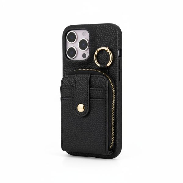 Black Zipper Wallet Crossbody Case with Gold Holder -Compatible with iPhone