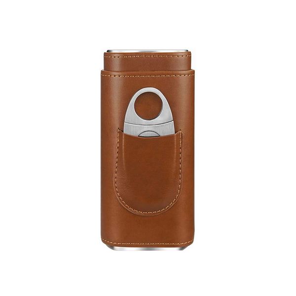 Leather Cigar Case with Cutter for 3 Cigars - Brown.