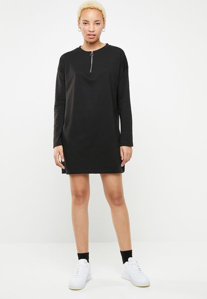 Women's Missguided Oversized Zip Front Ls T-Shirt Dress - Black