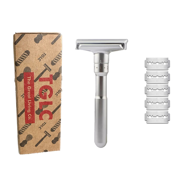 Premium Double Edge Adjustable Safety Shaving Razor Plus 5 Blades - Silver