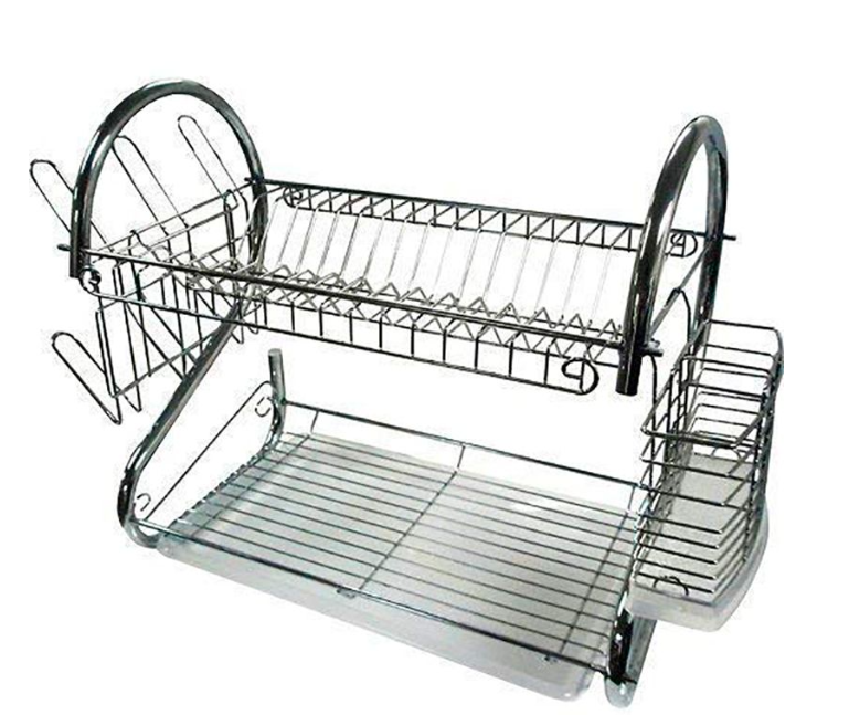 2 Layer Stainless Steel Tableware & Dish Rack with Cups and Cutlery