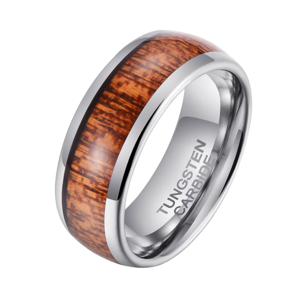 Men's Sand Grain Wood Silver Tungsten Ring R-056