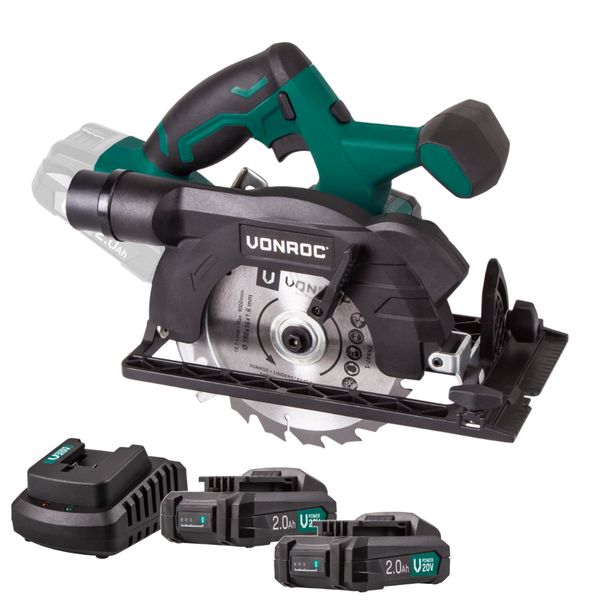 VONROC Circular Saw 20V - 150mm - 2.0Ah | Incl. 2 batteries and charger