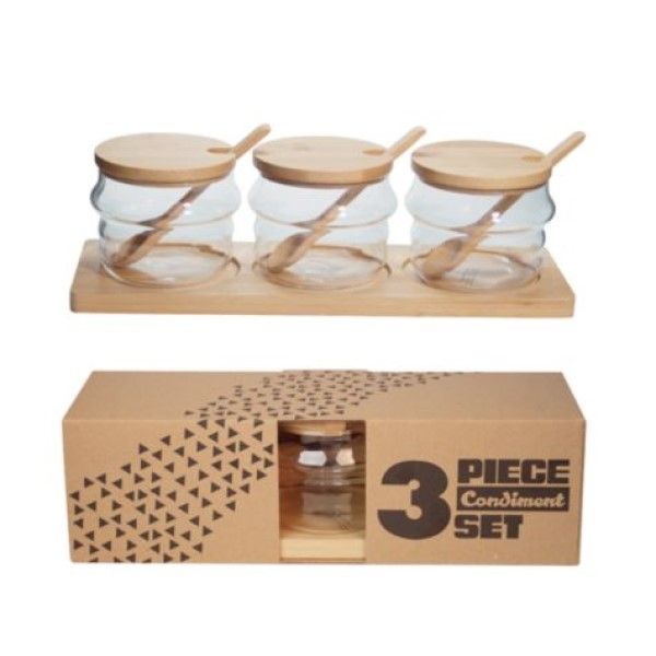 3 Piece Condiment Set With Wooden Spoons And Tray