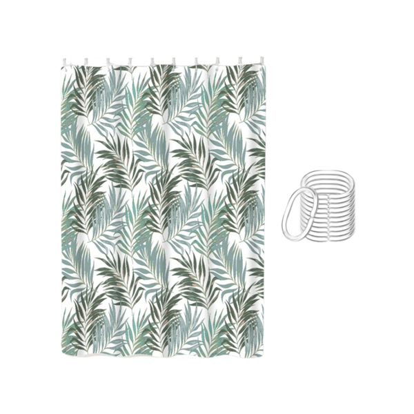 Green Leaves Shower Curtain with Hooks - 180 x 180cm