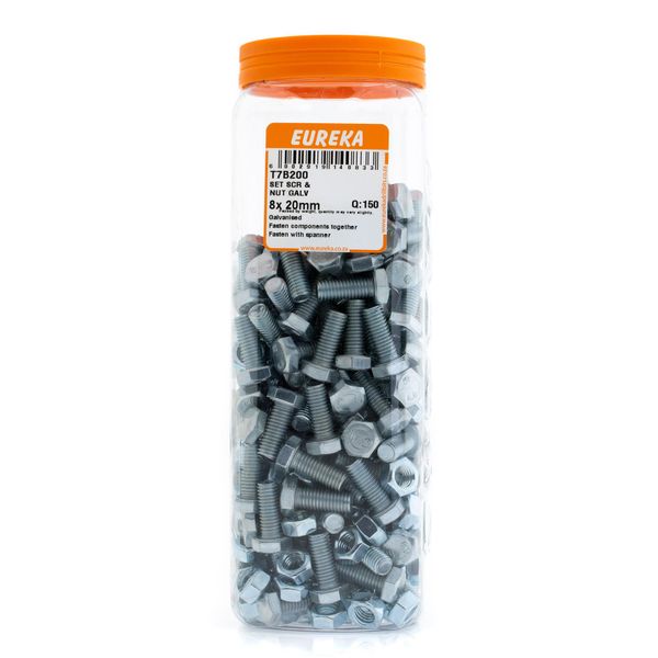EUREKA Set Screw &amp; Nut Galvanised 8 x 20mm Q:150 T7B200