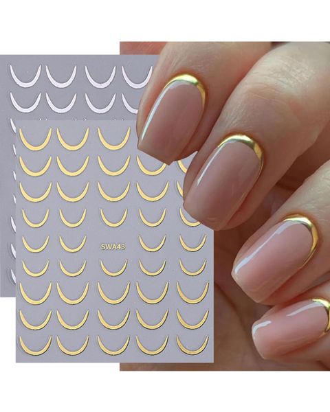 French Tip Nail Stickers for Nail Art, Gold Sliver Stripe Lines Nail Decals