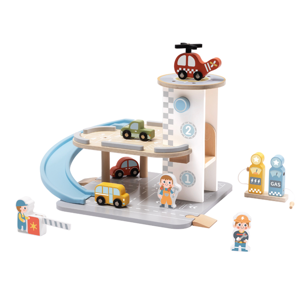 TookyToy - Parking Garage: Wooden Car Ramp Playset - 13pcs