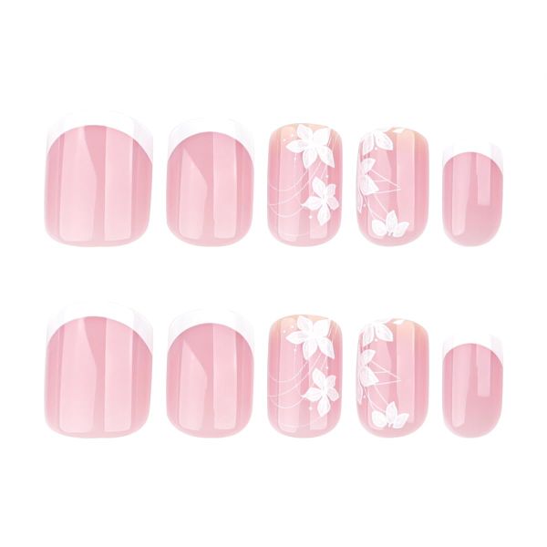 24 Piece Press On Nails Short Square, Nude Fake Nails with White French Tips