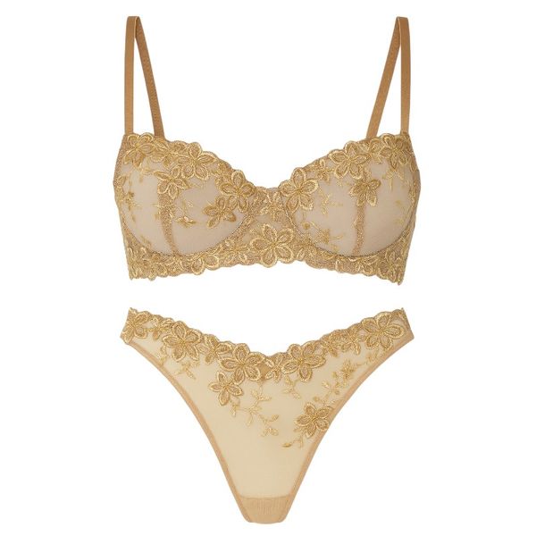 2-Piece Luxury Floral Embroidered Lingerie Set - Brown