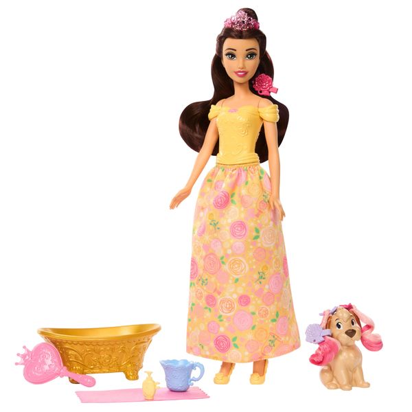 Disney Princess Bathe &amp; Brush Belle Fashion Doll &amp; Dog Figure