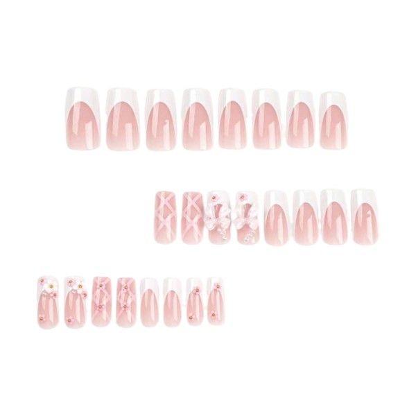 24 Long Coffin Press-On Nails With Bows, Flowers &amp; Peals - Light Pink