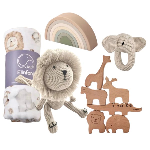Crochet and Wood Baby Gift Set Animals 5-Pieces