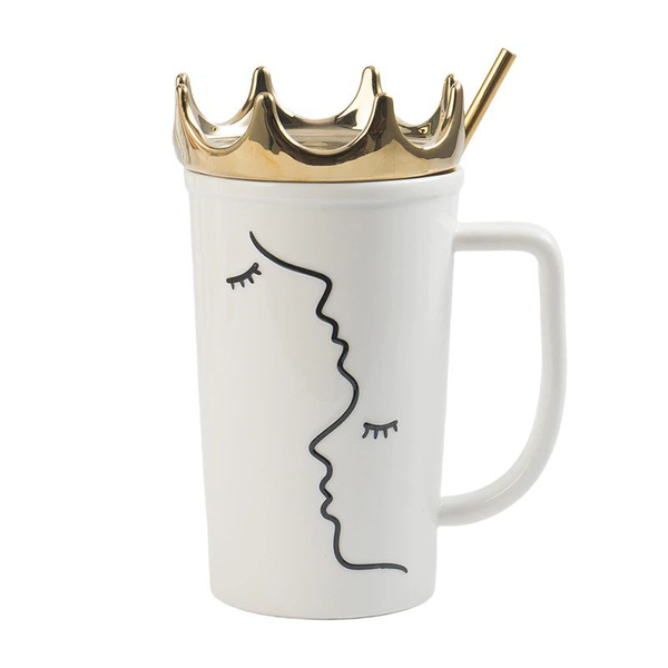 560ml Woman Face Art Ceramic Mug With Gold Crown Lid And Straw Set - Black