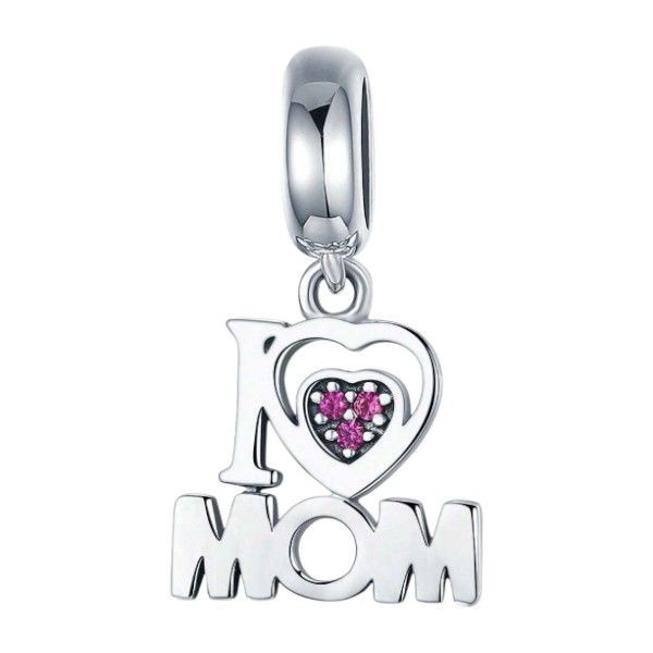925 Sterling Silver Cutout Quote For Mom With Pink Zirconia Stones - Silver