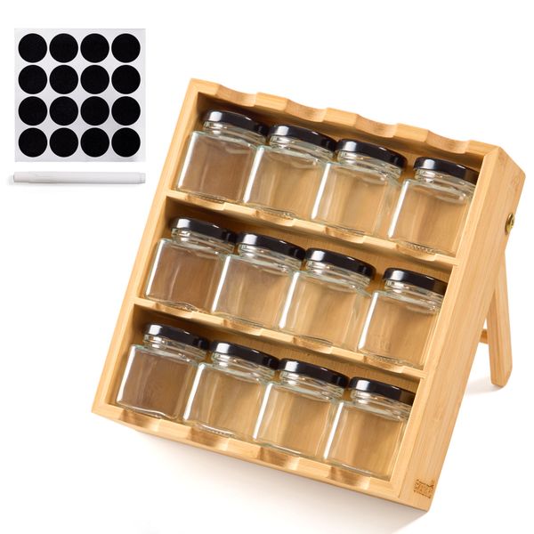 Chenshia 3 Tier Bamboo Spice Rack Shelf with 12 Glass Jars Storage &amp; Labels