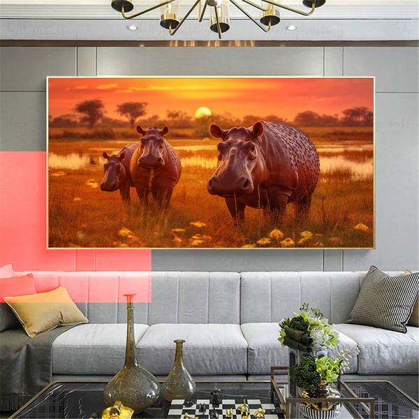 Canvas Wall Artwork - Savannah Hippo Sunset - 0648