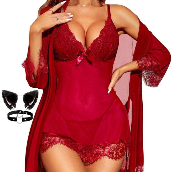 Women's Ice Silk Thin Lace Nightgown Set with Built-in Chest Pad, Red