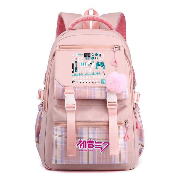Cartoon Student Backpack Hatsune Miku Plaid fabric Waterproof Canvas