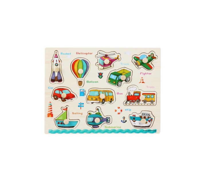 12 Piece Toddler Gripping Peg Board Matching Vehicle Themed Wooden Puzzle