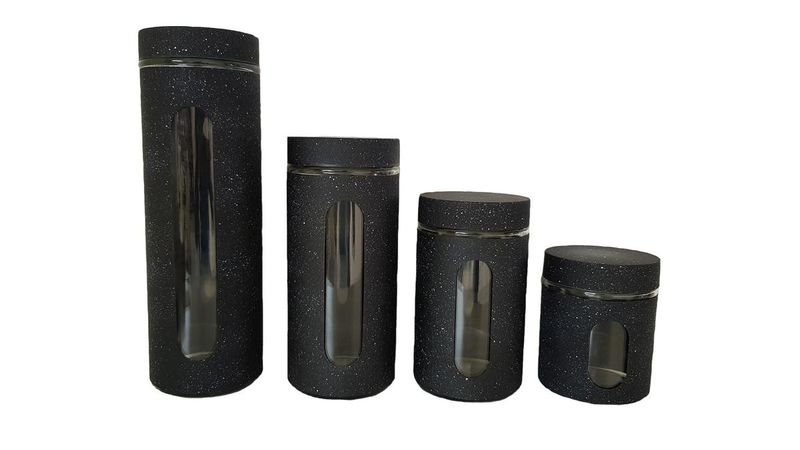 Continental Homeware 4 Pieces Storage Canister Set with Viewing Window - Black