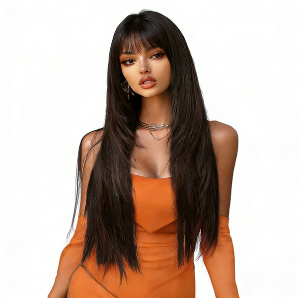 EMMOR 30 Inches Long Lace Wig Straight Wig With Bangs