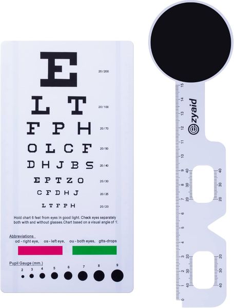 Pocket Eye Chart with PD Ruler and Eye Occluder Eye Test Chart Combo Kit