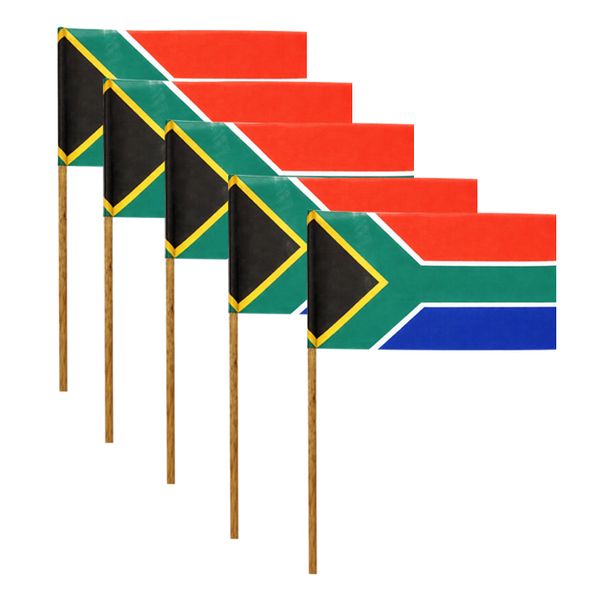 South African Flag - Hand Held with Wooden Dowel Stick - 5 Pack