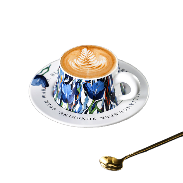 Bincoo Iris Floral Ceramic Mug with Saucer Vintage-style Coffee Tea Cup Set