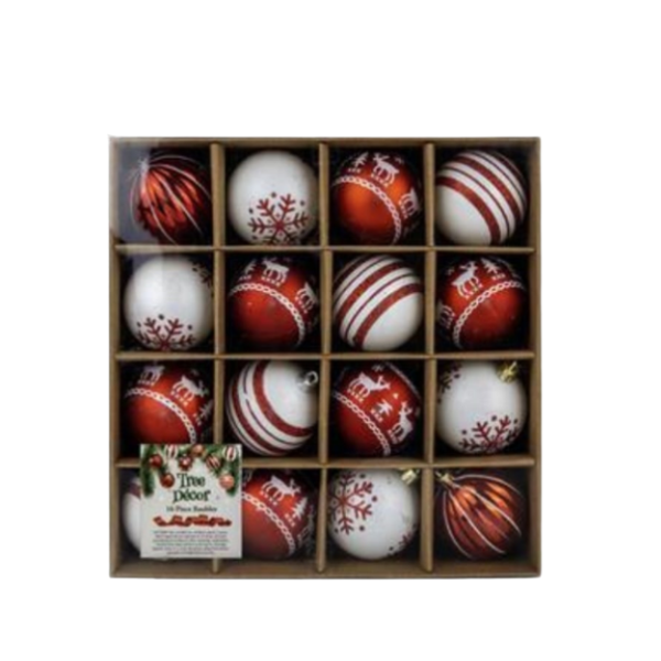 Handpainted Christmas Tree Baubles - 16-Piece Red &amp; White Ornament Set