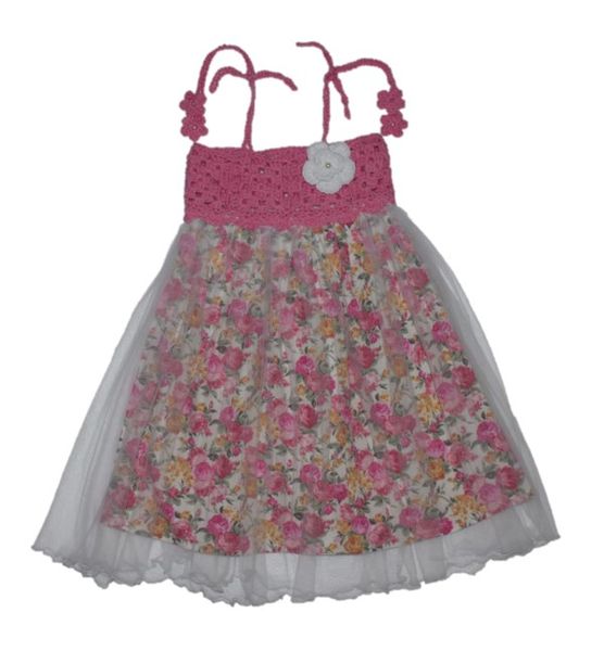 Crocheted Fairy Dress - Pink with Flowers - 1 to 2 years