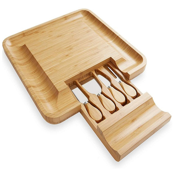 Bamboo Serving Board With 4 Pcs Cheese Knife Set Slide Drawer