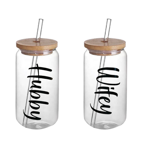 Hubby &amp; Wifey GLASS Tumbler SET w/Bamboo Lid &amp; Glass Straw 500ml