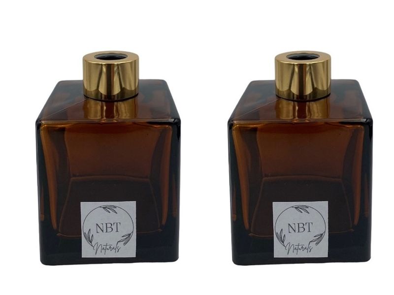 NBT Naturals -Amber Glass Square Diffuser Refill Bottle+ Gold Collar-200mls