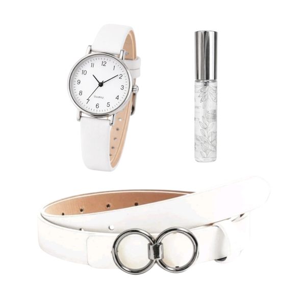 Elegant White 3-Piece Gift Set - Watch, Double Ring Belt &amp; Perfume