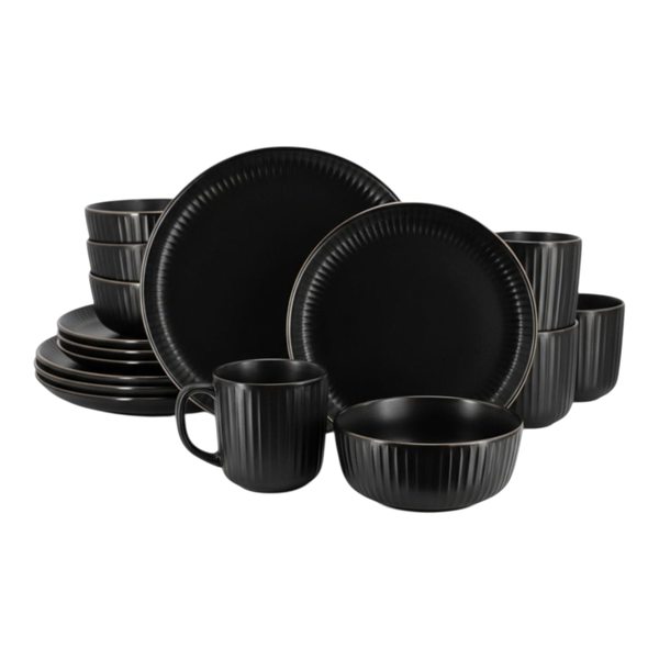 16-Piece Stoneware Dinner Set - Matt Black Ribbed Lines Design