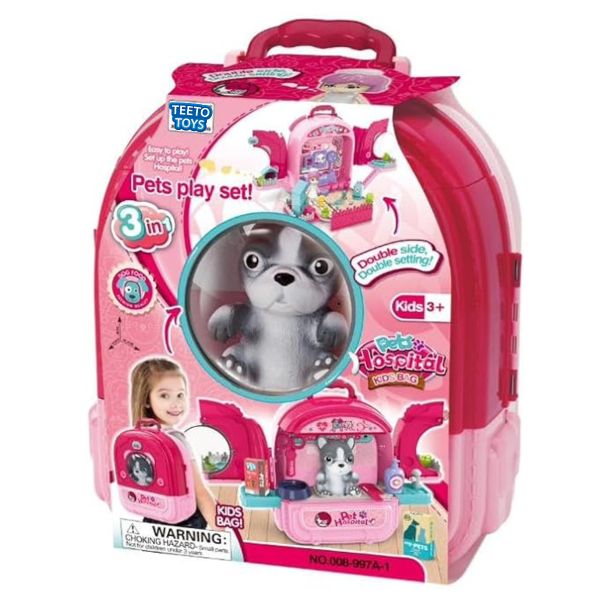 3-in-1 Pet Hospital Backpack Playset with Plush Toy Dog - Toys for Girls