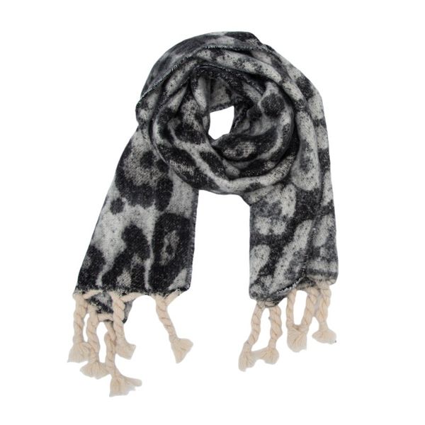 Boucle Satin Jacquard Leopard Print Knotted Tassel Scarf