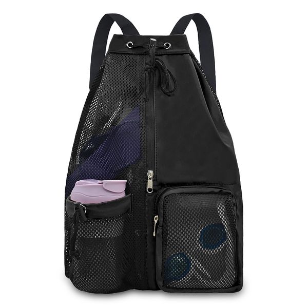 Mesh Beach Backpack with Wet Pocket Drawstring Pool Bag Waterproof