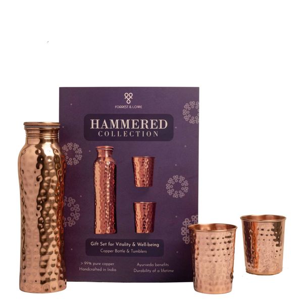 Forrest &amp; Love Giftset Hammered Ayurvedic Copper Bottle 900ml + 2 Tumblers