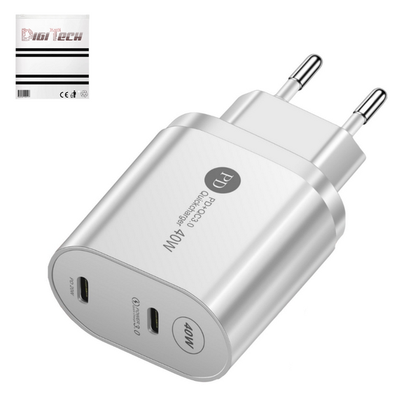 DigiTech USB Wall Charger/ Adapter - 40W - USB C - Dual Ports - White