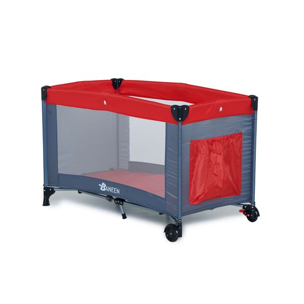 Baneen Folding Baby Camp Cot Crib with Anti-Slip Wheels - Red