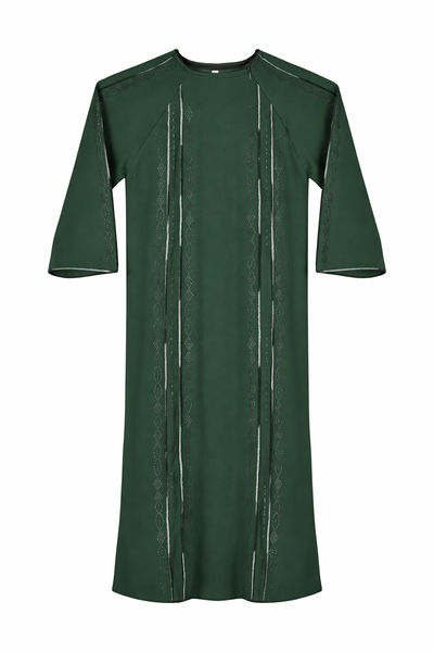 Girls Dark Green Ankle Length Plain Abaya with Beaded Vertical Patterns
