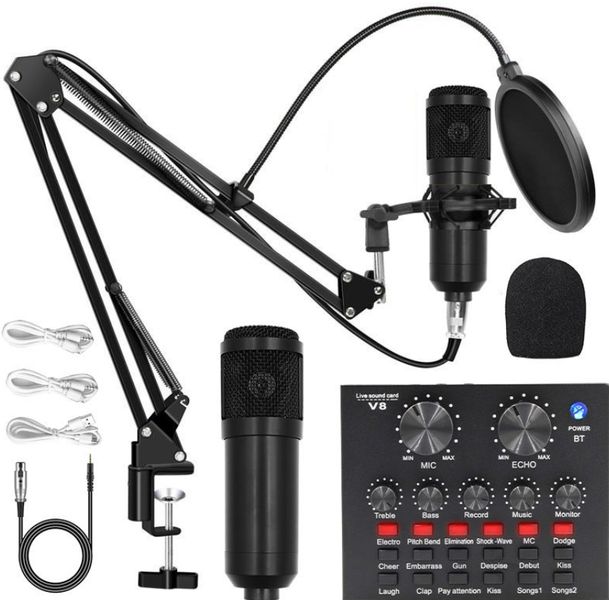Professional Audio V8 Sound Card Set Condenser Microphone -Black
