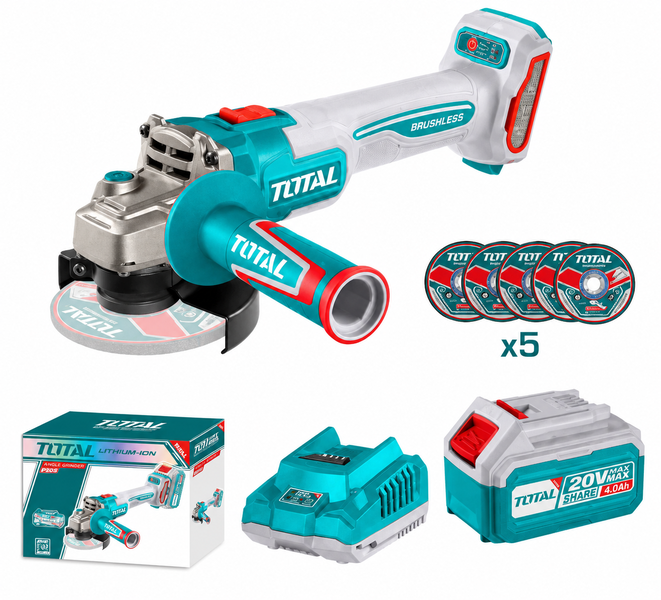 TOTAL Tools 20V Brushless Cordless Angle Grinder with Battery &amp; Charger