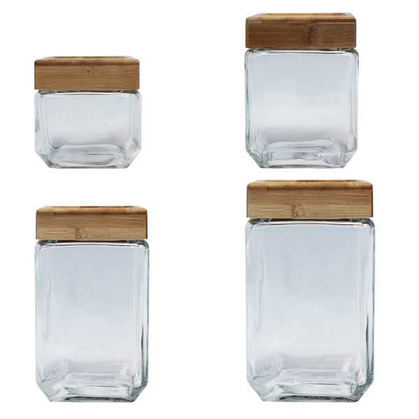 Transparent Square Jar With Wooden Lid Set Of 4
