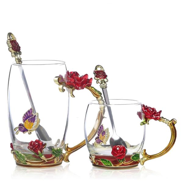 Enamel Butterfly Flower Glass Coffee Mug with Spoon 2 Pack