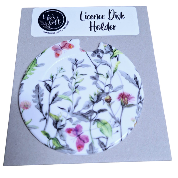 Licence Disk Holder - Grey Leaves &amp; Pink Butterflies
